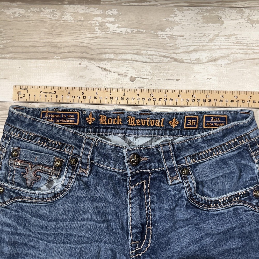 Rock Revival Jeans Mens 36x31 Blue Jack Slim Straight Denim Stretch Embroidered - Picture 6 of 14